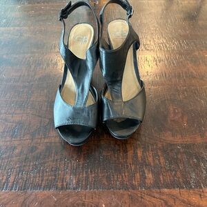 Gianni Bini Black Leather Slingback Wedge Sandals